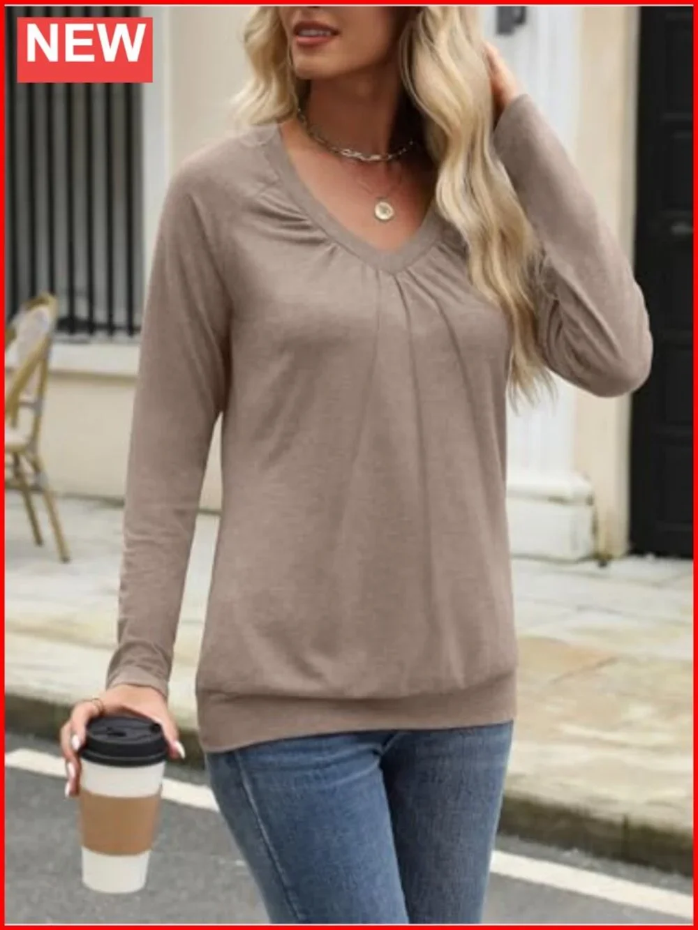 Womens V Neck Long Sleeve Pleated Top Banded Hem Loose Fit Casual Blouse